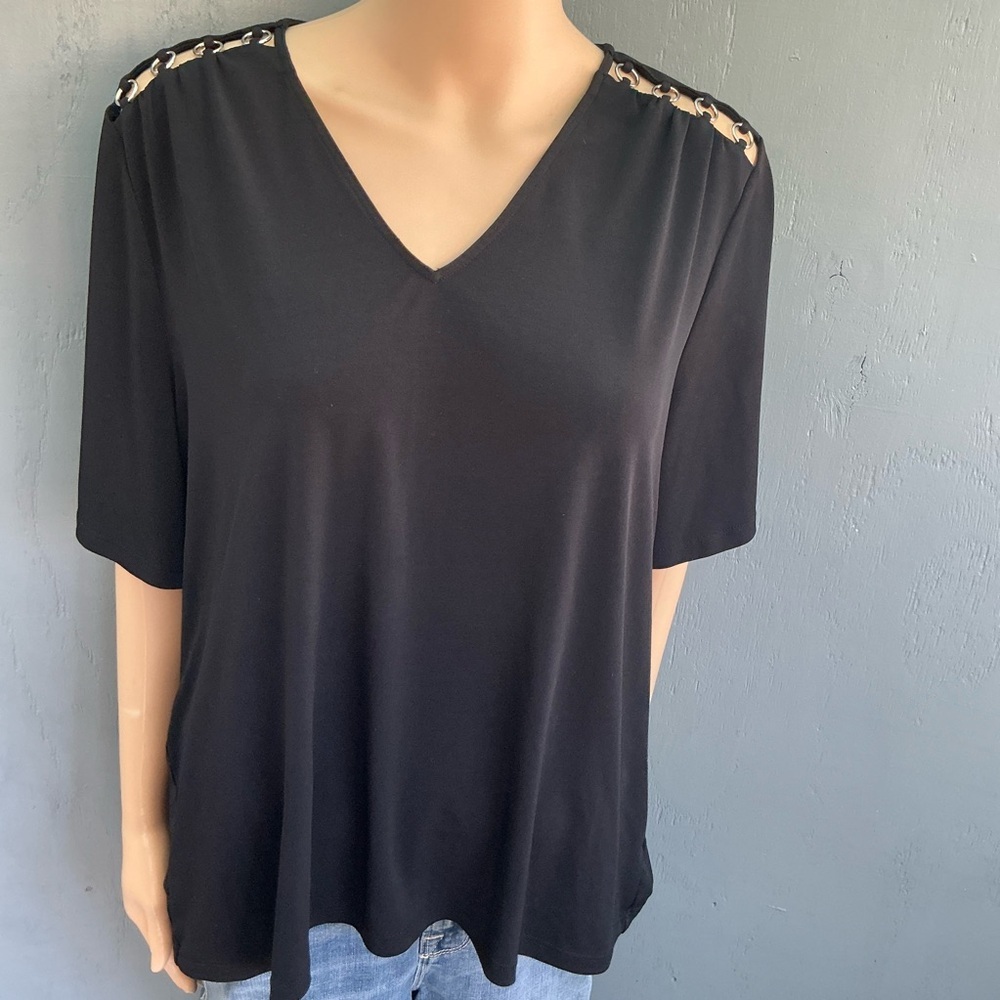 Michael Kors Black Short Sleeve Top with Chain Detail